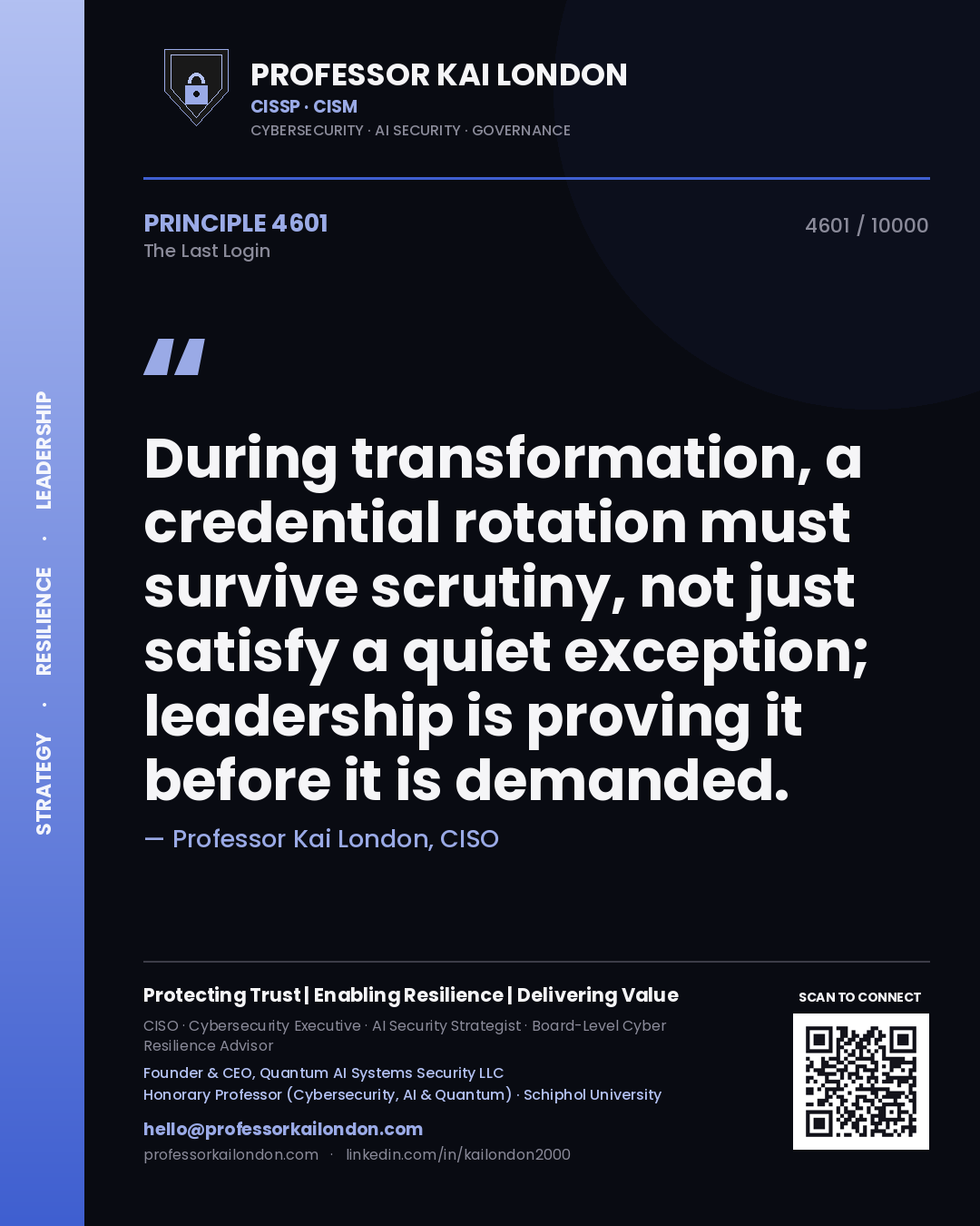 Quote card by Professor Kai London reading 'During transformation, a credential rotation must survive scrutiny, not just satisfy a quiet exception; leadership is proving it before it is demanded.'. From the book The Last Login.