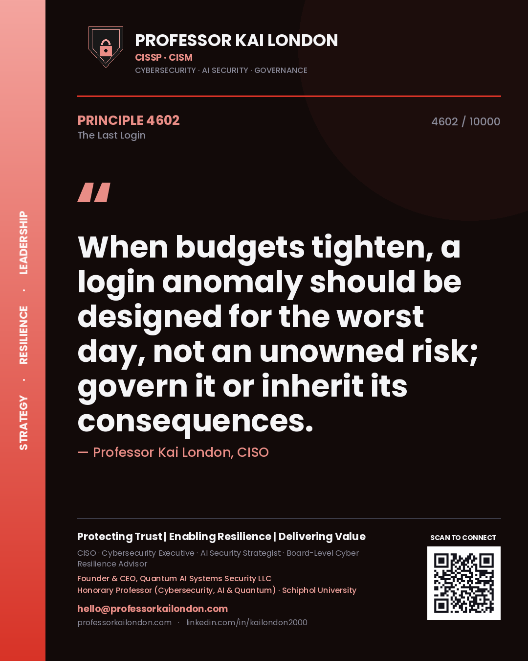 Quote card by Professor Kai London reading 'When budgets tighten, a login anomaly should be designed for the worst day, not an unowned risk; govern it or inherit its consequences.'. From the book The Last Login.