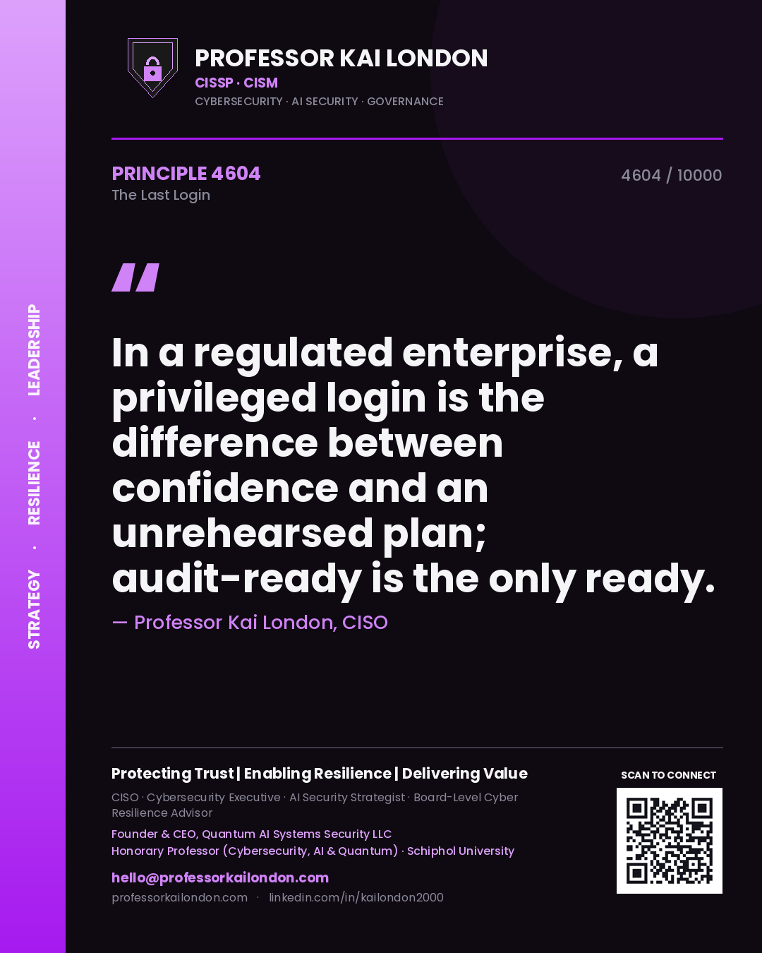 Professor Kai London principle 4604: In a regulated enterprise, a privileged login is the difference between confidence and an unrehearsed plan; audit-ready is the only ready.