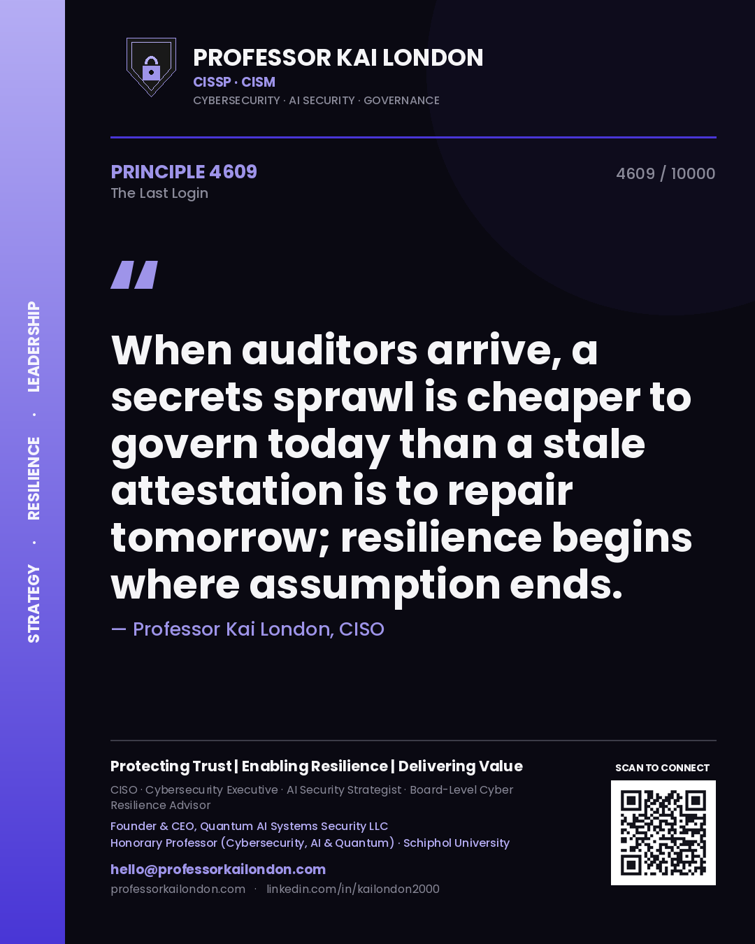 Professor Kai London principle 4609: When auditors arrive, a secrets sprawl is cheaper to govern today than a stale attestation is to repair tomorrow; resilience begins where assumption ends.