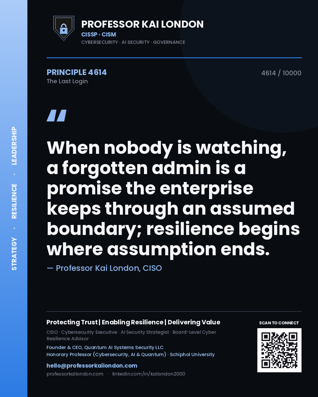 Professor Kai London principle 4614: When nobody is watching, a forgotten admin is a promise the enterprise keeps through an assumed boundary; resilience begins where assumption ends.