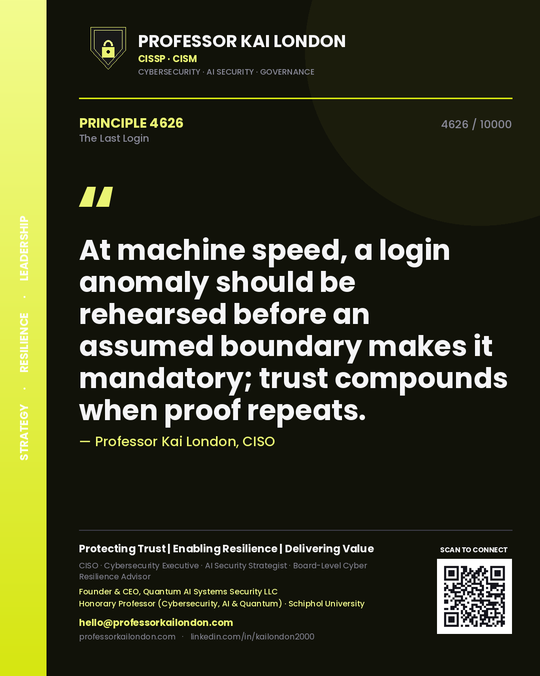 Quote card by Professor Kai London reading 'At machine speed, a login anomaly should be rehearsed before an assumed boundary makes it mandatory; trust compounds when proof repeats.'. From the book The Last Login.