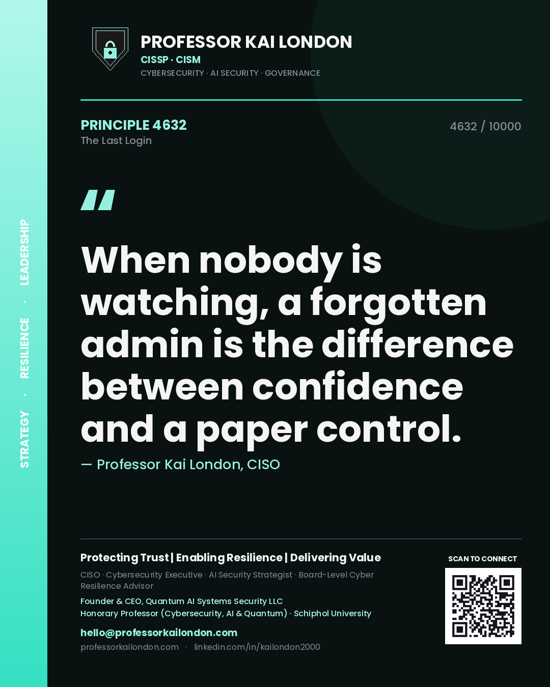 Quote card by Professor Kai London reading 'When nobody is watching, a forgotten admin is the difference between confidence and a paper control.'. From the book The Last Login.