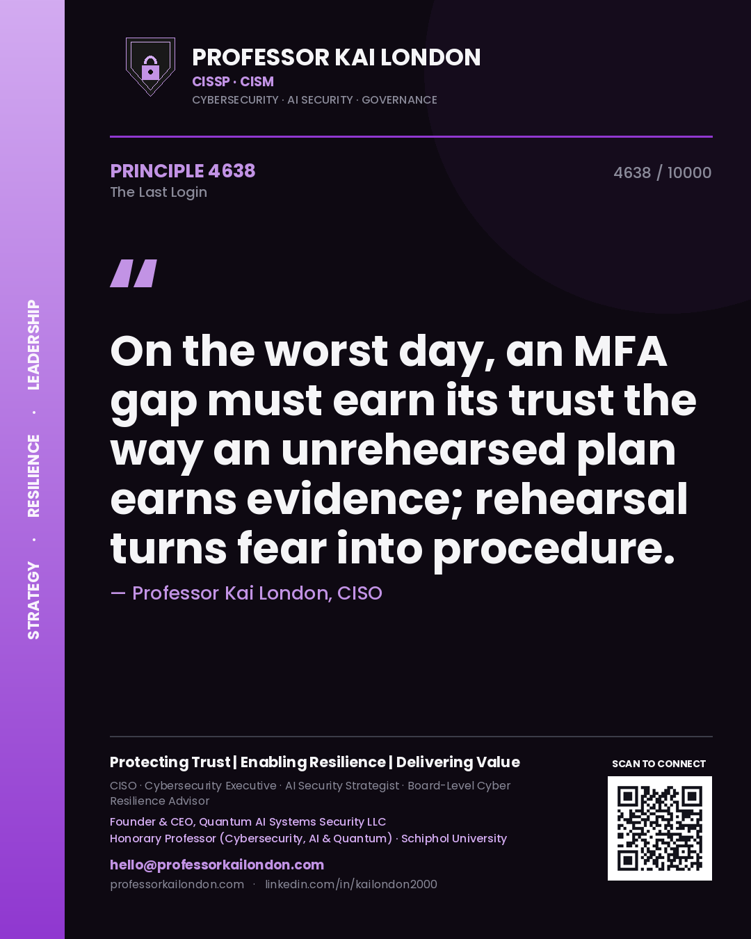 Quote card by Professor Kai London reading 'On the worst day, an MFA gap must earn its trust the way an unrehearsed plan earns evidence; rehearsal turns fear into procedure.'. From the book The Last Login.