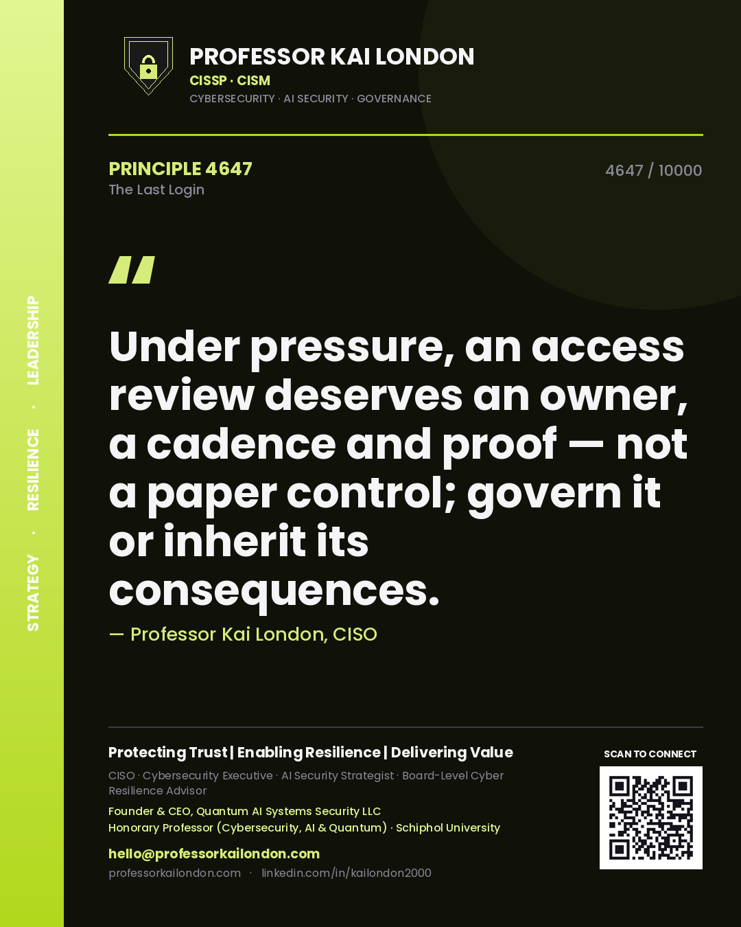 Professor Kai London principle 4647: Under pressure, an access review deserves an owner, a cadence and proof — not a paper control; govern it or inherit its consequences.