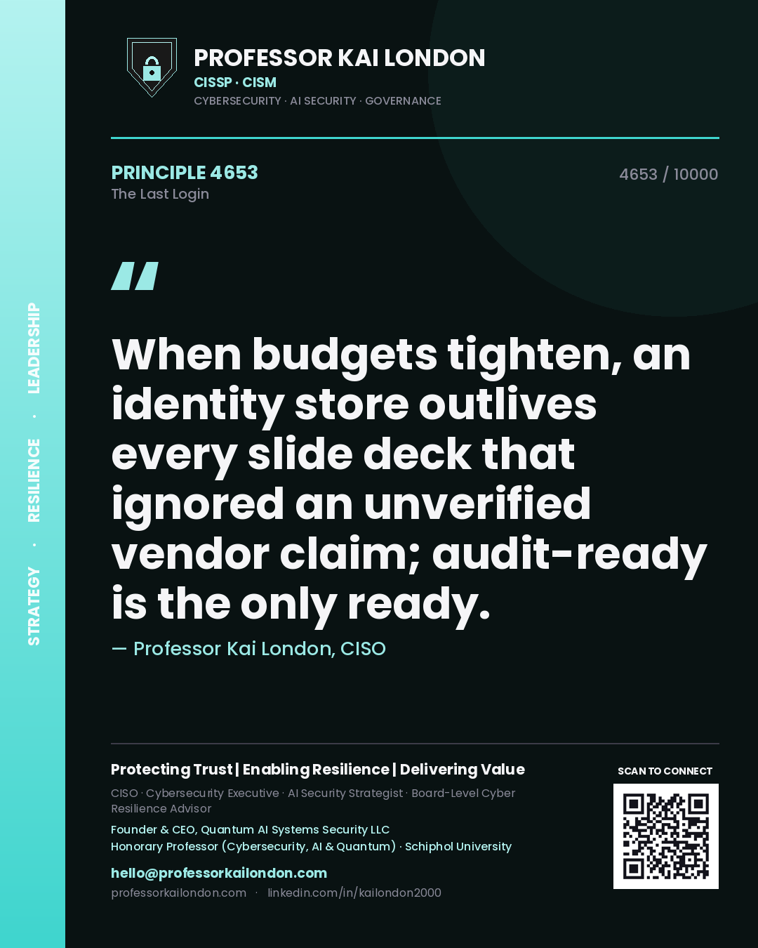 Quote card by Professor Kai London reading 'When budgets tighten, an identity store outlives every slide deck that ignored an unverified vendor claim; audit-ready is the only ready.'. From the book The Last Login.