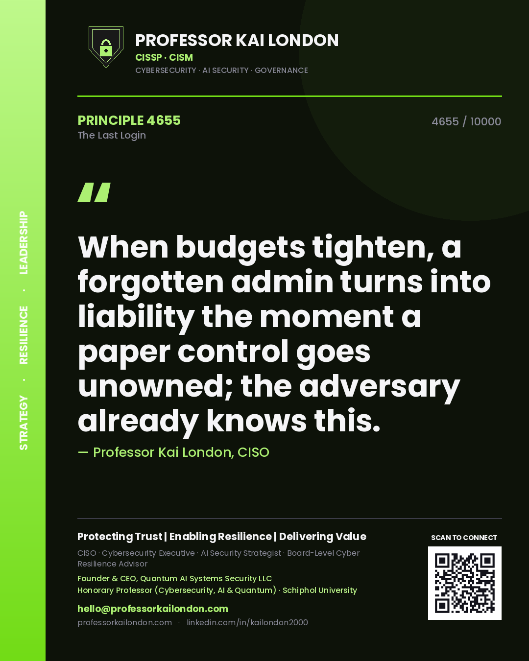 Professor Kai London principle 4655: When budgets tighten, a forgotten admin turns into liability the moment a paper control goes unowned; the adversary already knows this.