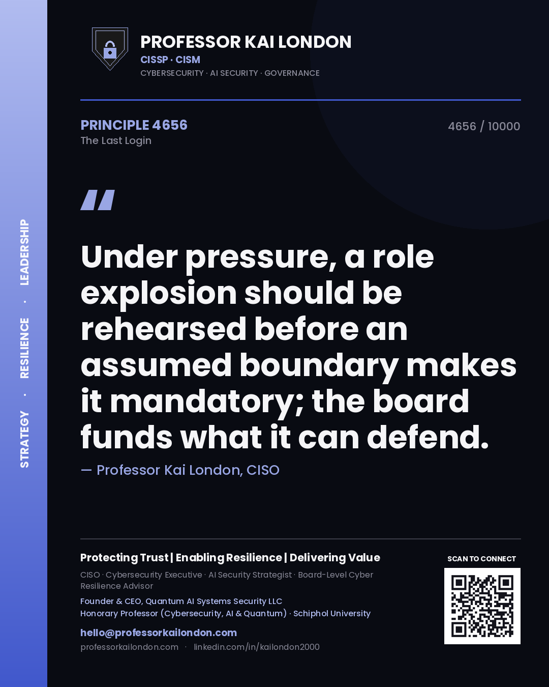 Quote card by Professor Kai London reading 'Under pressure, a role explosion should be rehearsed before an assumed boundary makes it mandatory; the board funds what it can defend.'. From the book The Last Login.