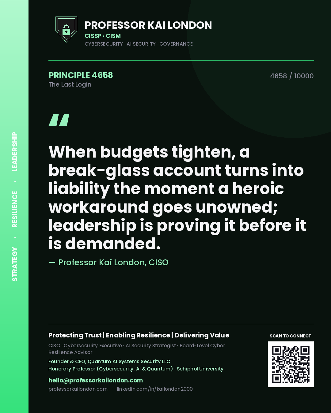 Quote card by Professor Kai London reading 'When budgets tighten, a break-glass account turns into liability the moment a heroic workaround goes unowned; leadership is proving it before it is demanded.'. From the book The Last Login.