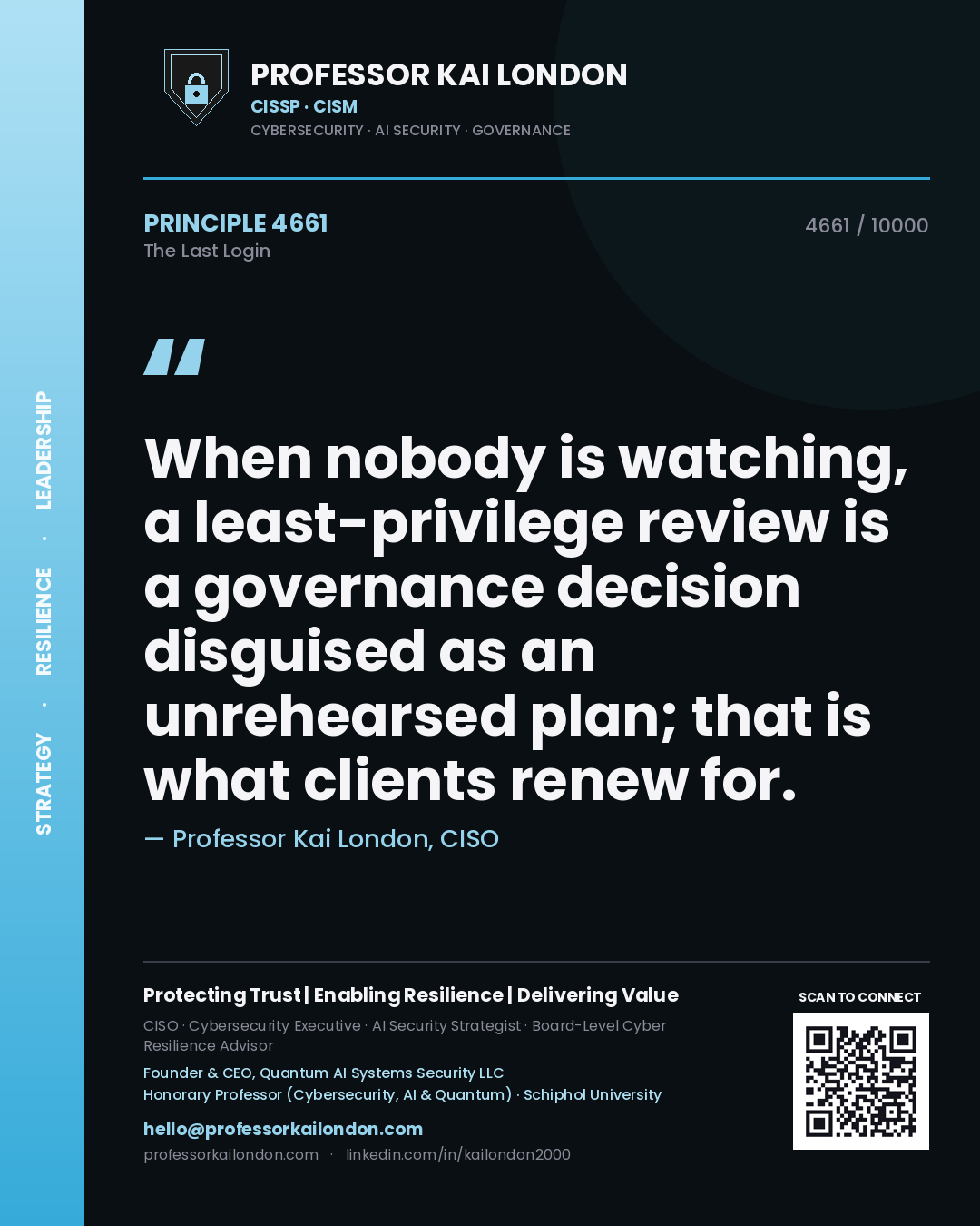 Professor Kai London principle 4661: When nobody is watching, a least-privilege review is a governance decision disguised as an unrehearsed plan; that is what clients renew for.