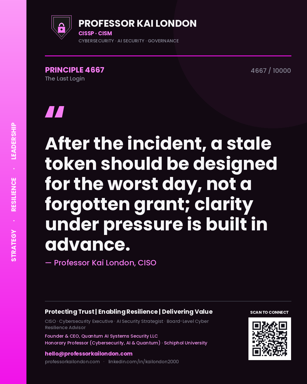 Professor Kai London principle 4667: After the incident, a stale token should be designed for the worst day, not a forgotten grant; clarity under pressure is built in advance.
