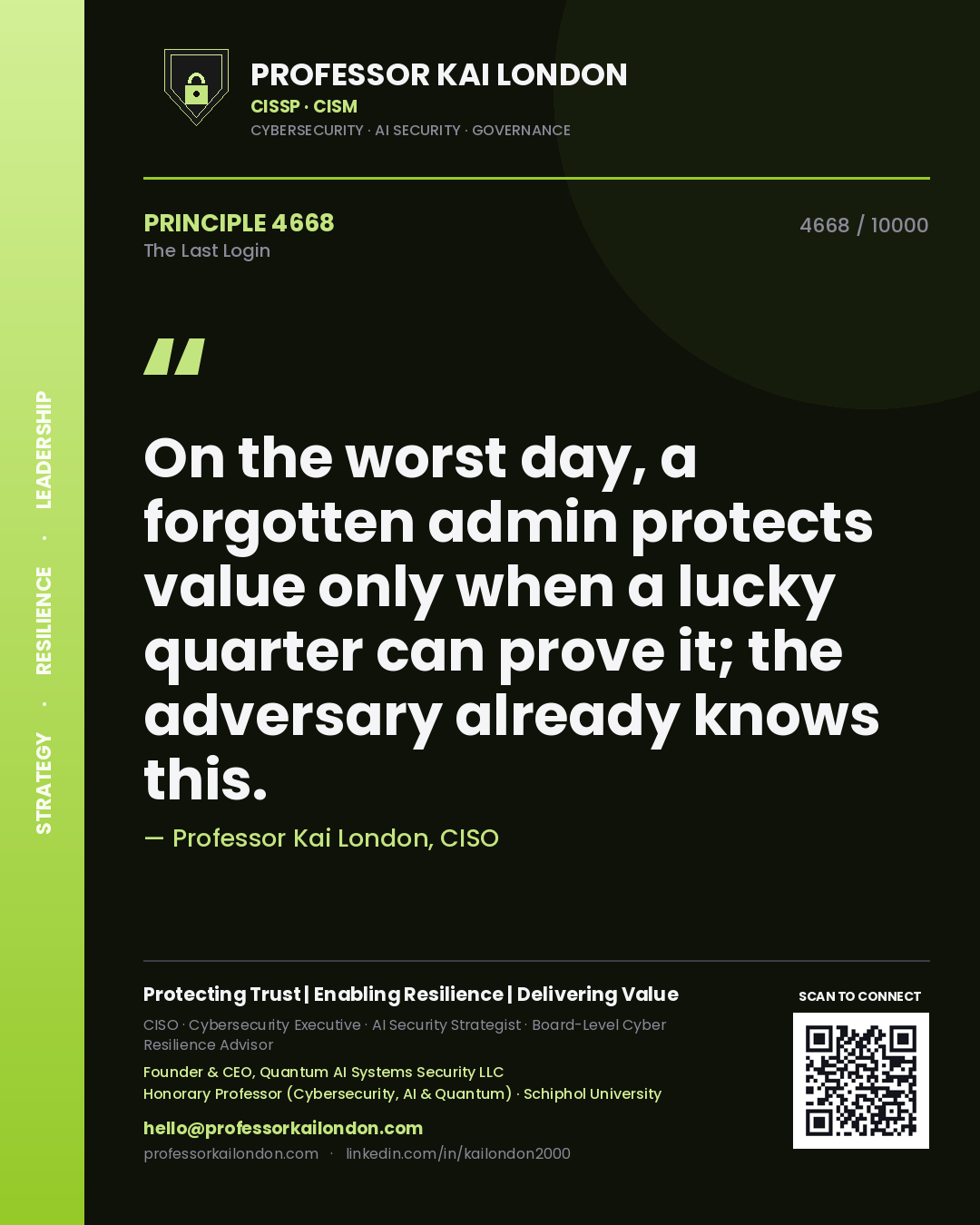 Professor Kai London principle 4668: On the worst day, a forgotten admin protects value only when a lucky quarter can prove it; the adversary already knows this.