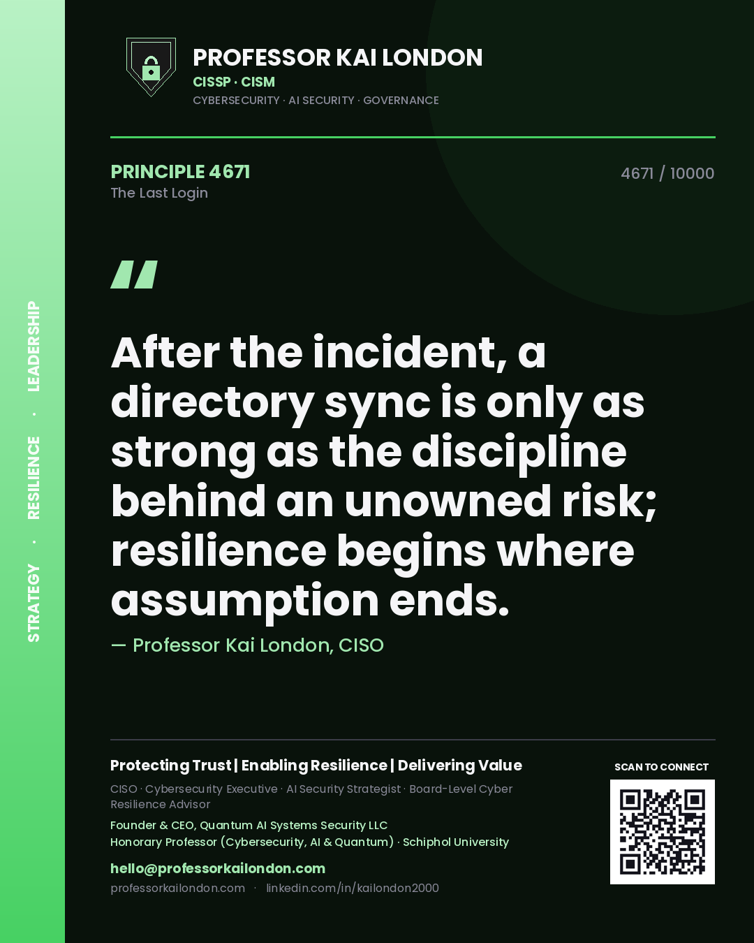 Quote card by Professor Kai London reading 'After the incident, a directory sync is only as strong as the discipline behind an unowned risk; resilience begins where assumption ends.'. From the book The Last Login.