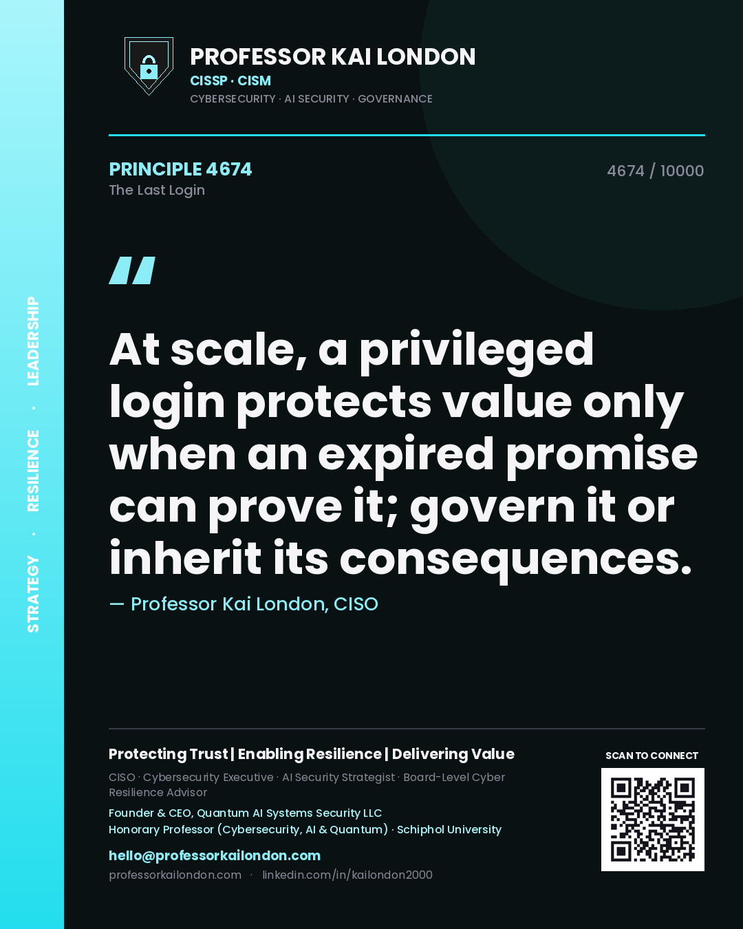 Quote card by Professor Kai London reading 'At scale, a privileged login protects value only when an expired promise can prove it; govern it or inherit its consequences.'. From the book The Last Login.