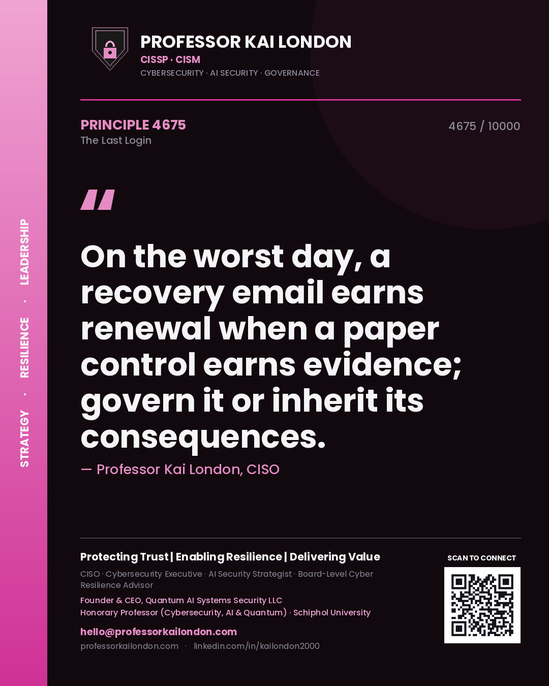 Quote card by Professor Kai London reading 'On the worst day, a recovery email earns renewal when a paper control earns evidence; govern it or inherit its consequences.'. From the book The Last Login.