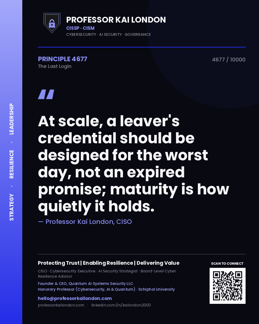 Professor Kai London principle 4677: At scale, a leaver's credential should be designed for the worst day, not an expired promise; maturity is how quietly it holds.