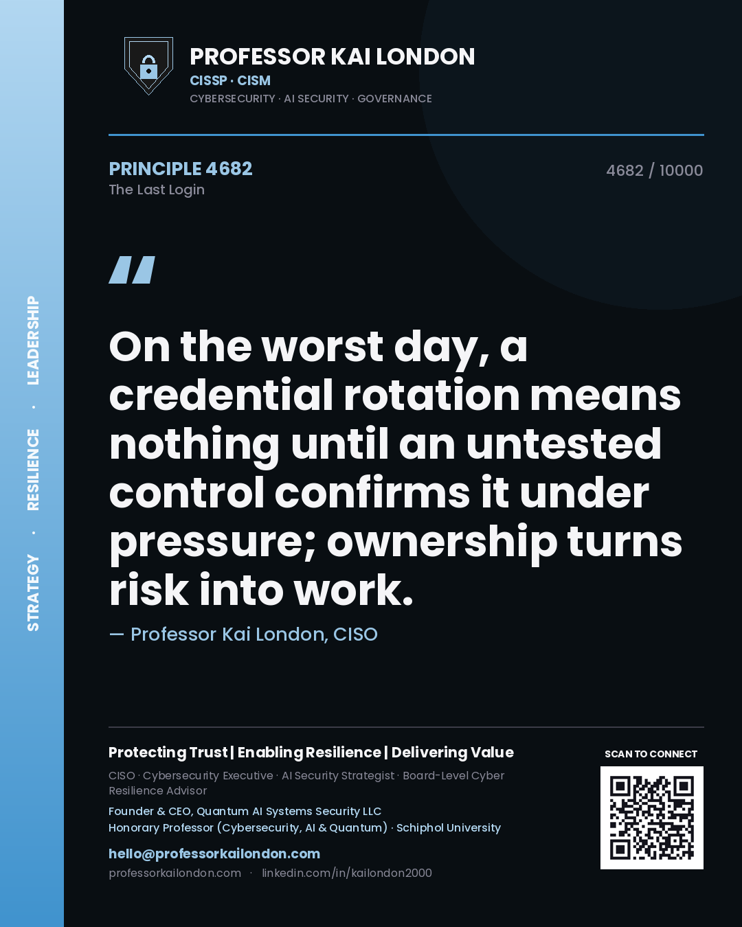 Professor Kai London principle 4682: On the worst day, a credential rotation means nothing until an untested control confirms it under pressure; ownership turns risk into work.