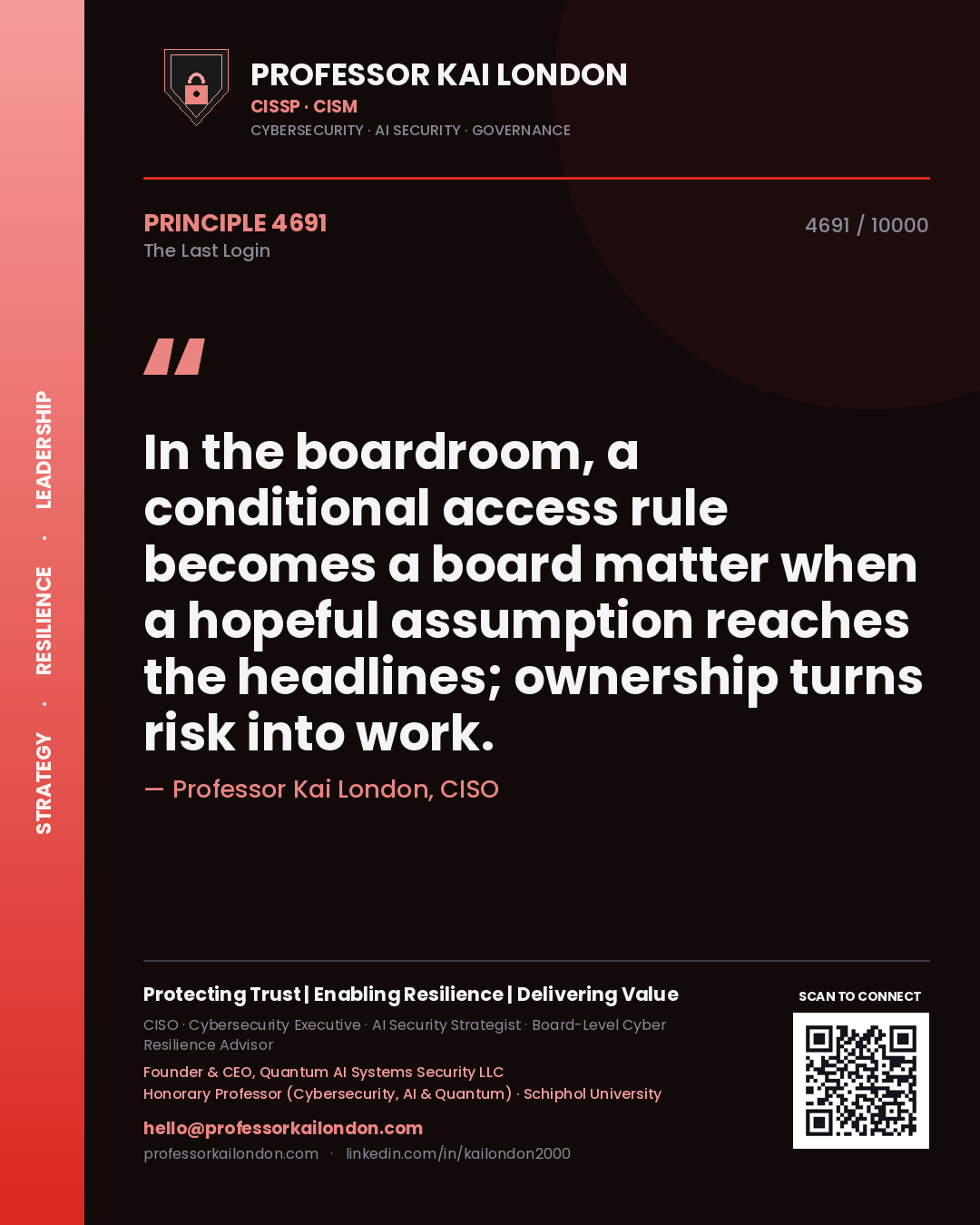 Quote card by Professor Kai London reading 'In the boardroom, a conditional access rule becomes a board matter when a hopeful assumption reaches the headlines; ownership turns risk into work.'. From the book The Last Login.