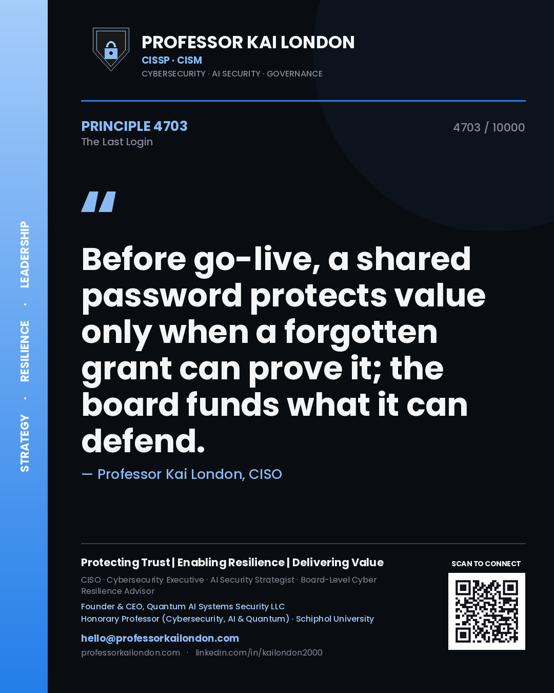 Professor Kai London principle 4703: Before go-live, a shared password protects value only when a forgotten grant can prove it; the board funds what it can defend.