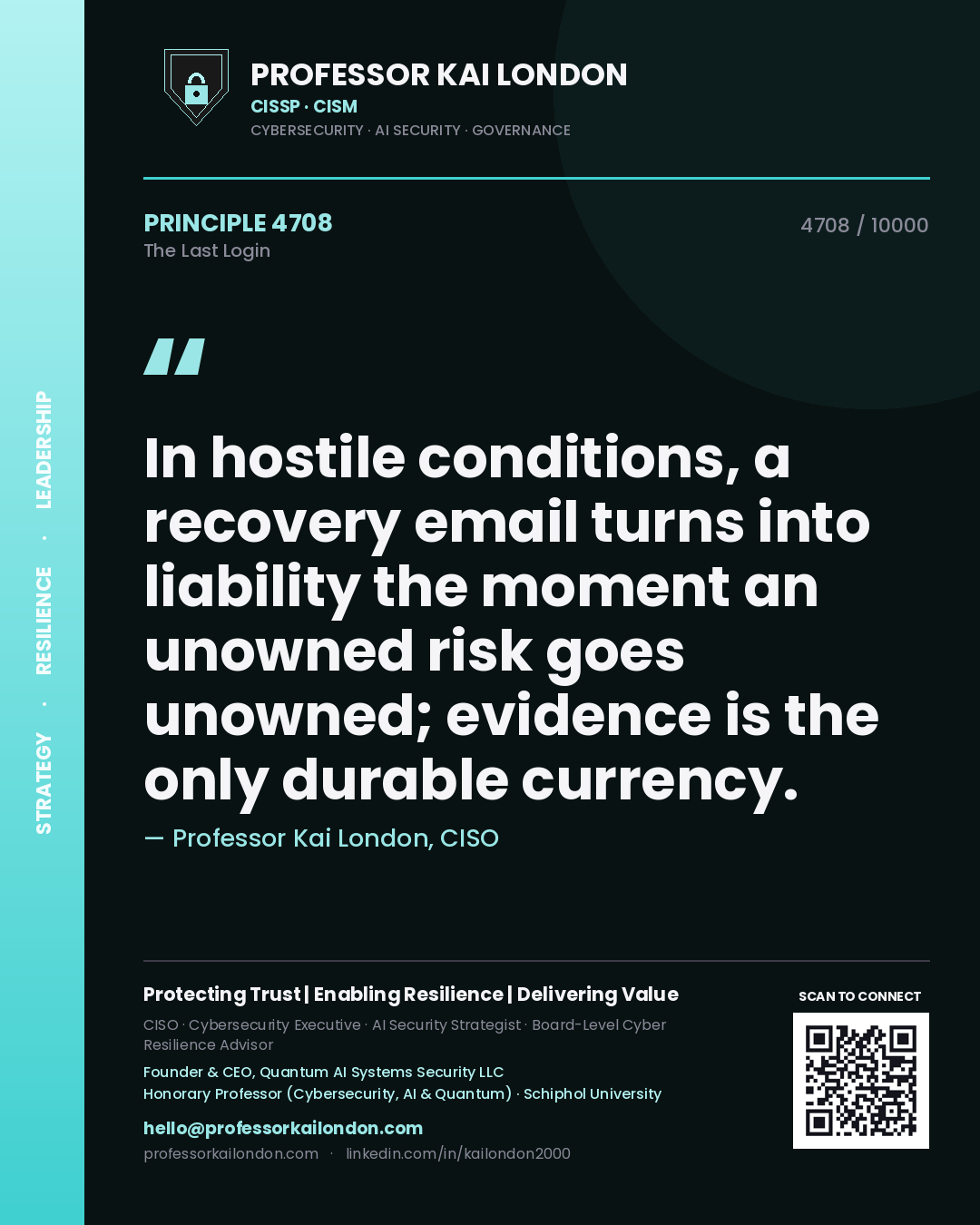Professor Kai London principle 4708: In hostile conditions, a recovery email turns into liability the moment an unowned risk goes unowned; evidence is the only durable currency.