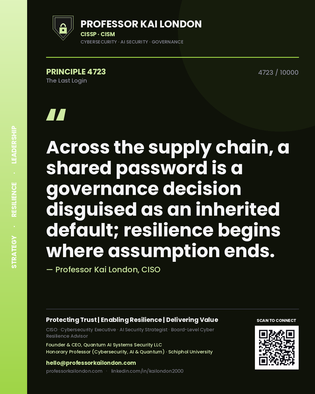 Professor Kai London principle 4723: Across the supply chain, a shared password is a governance decision disguised as an inherited default; resilience begins where assumption ends.