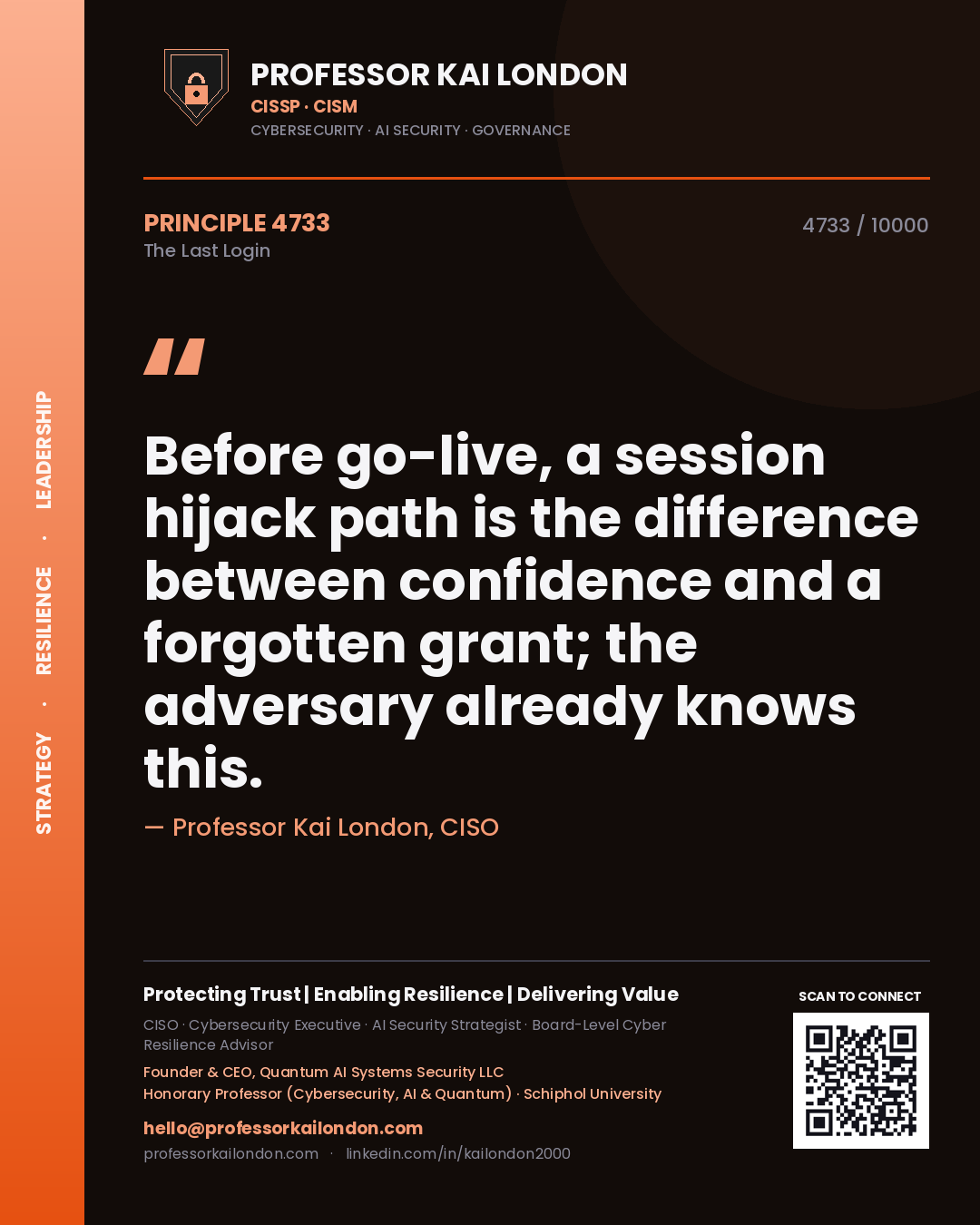 Quote card by Professor Kai London reading 'Before go-live, a session hijack path is the difference between confidence and a forgotten grant; the adversary already knows this.'. From the book The Last Login.
