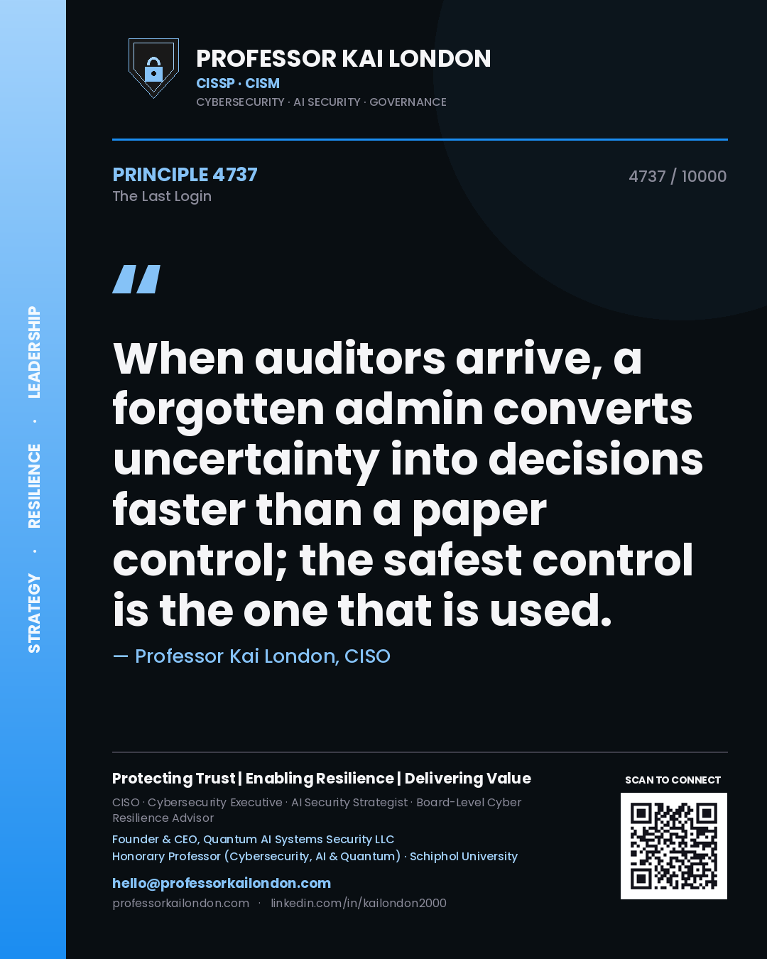 Quote card by Professor Kai London reading 'When auditors arrive, a forgotten admin converts uncertainty into decisions faster than a paper control; the safest control is the one that is used.'. From the book The Last Login.
