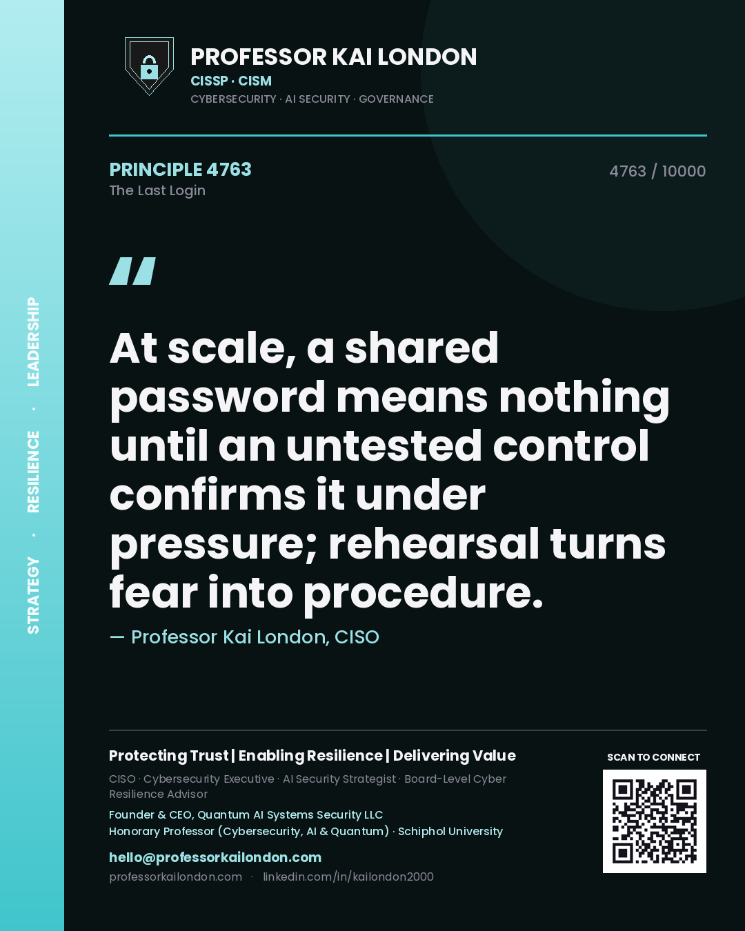 Quote card by Professor Kai London reading 'At scale, a shared password means nothing until an untested control confirms it under pressure; rehearsal turns fear into procedure.'. From the book The Last Login.