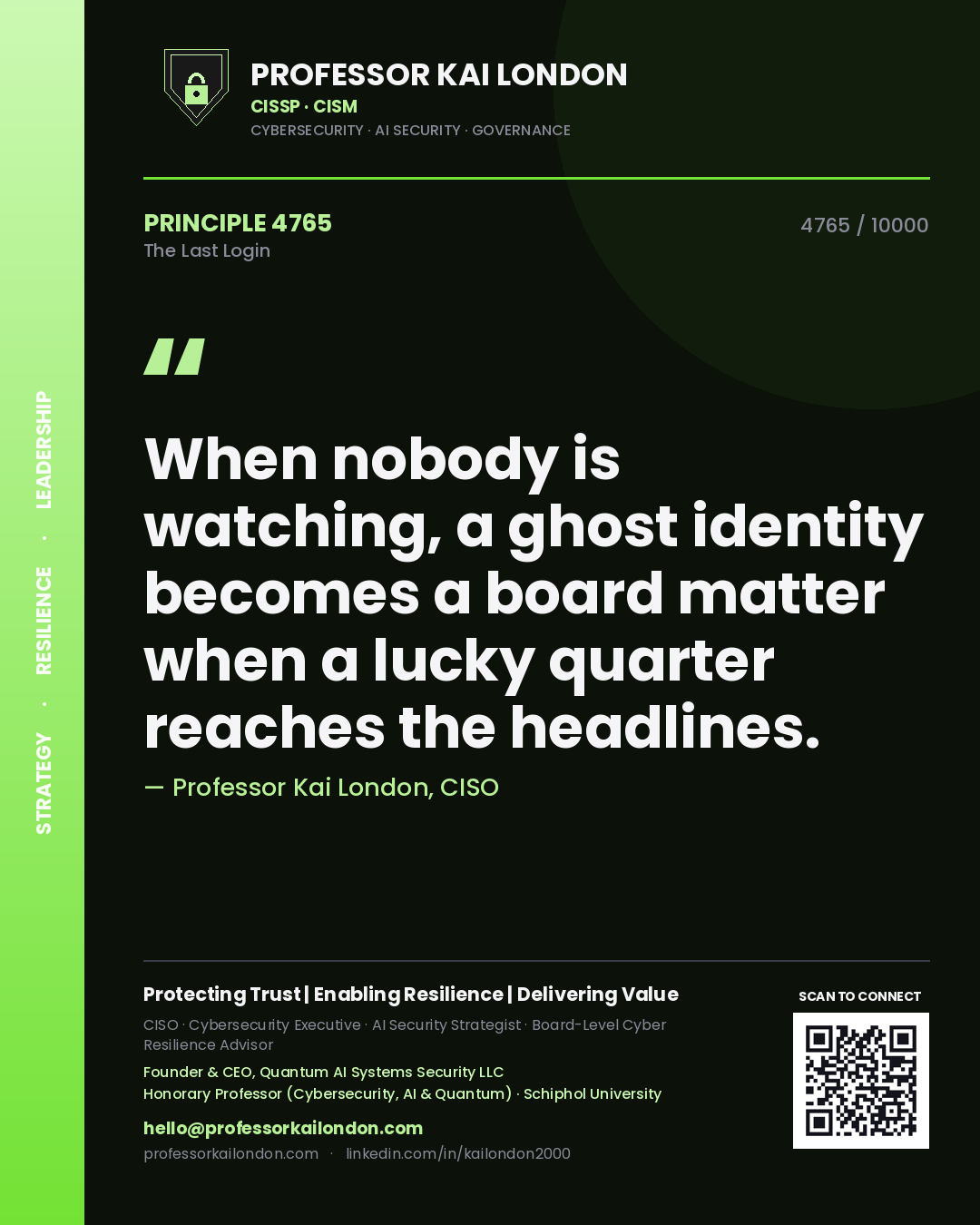 Professor Kai London principle 4765: When nobody is watching, a ghost identity becomes a board matter when a lucky quarter reaches the headlines.