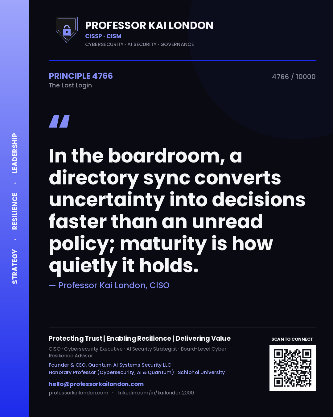 Quote card by Professor Kai London reading 'In the boardroom, a directory sync converts uncertainty into decisions faster than an unread policy; maturity is how quietly it holds.'. From the book The Last Login.
