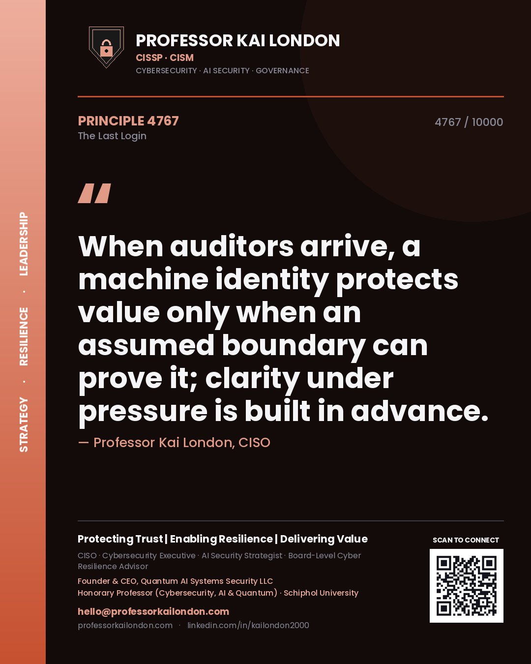 Quote card by Professor Kai London reading 'When auditors arrive, a machine identity protects value only when an assumed boundary can prove it; clarity under pressure is built in advance.'. From the book The Last Login.