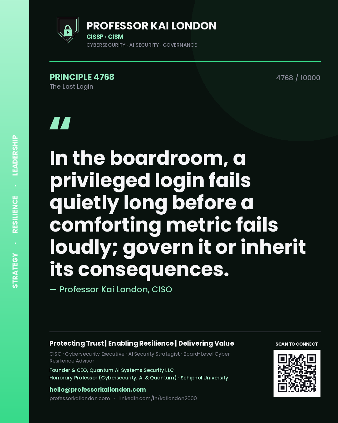 Quote card by Professor Kai London reading 'In the boardroom, a privileged login fails quietly long before a comforting metric fails loudly; govern it or inherit its consequences.'. From the book The Last Login.