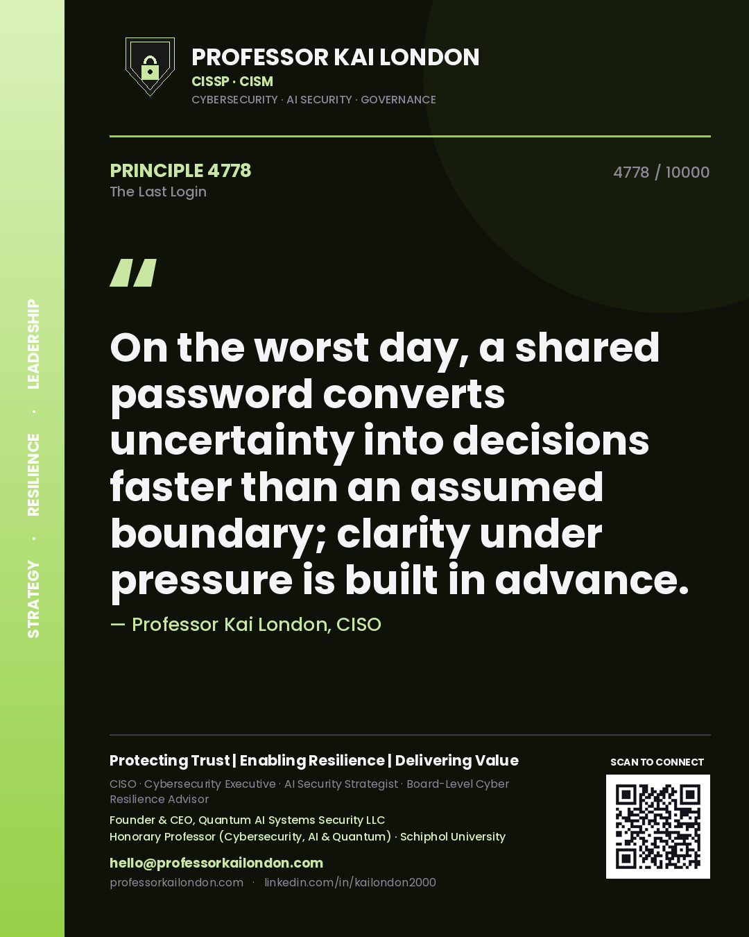 Professor Kai London principle 4778: On the worst day, a shared password converts uncertainty into decisions faster than an assumed boundary; clarity under pressure is built in advance.