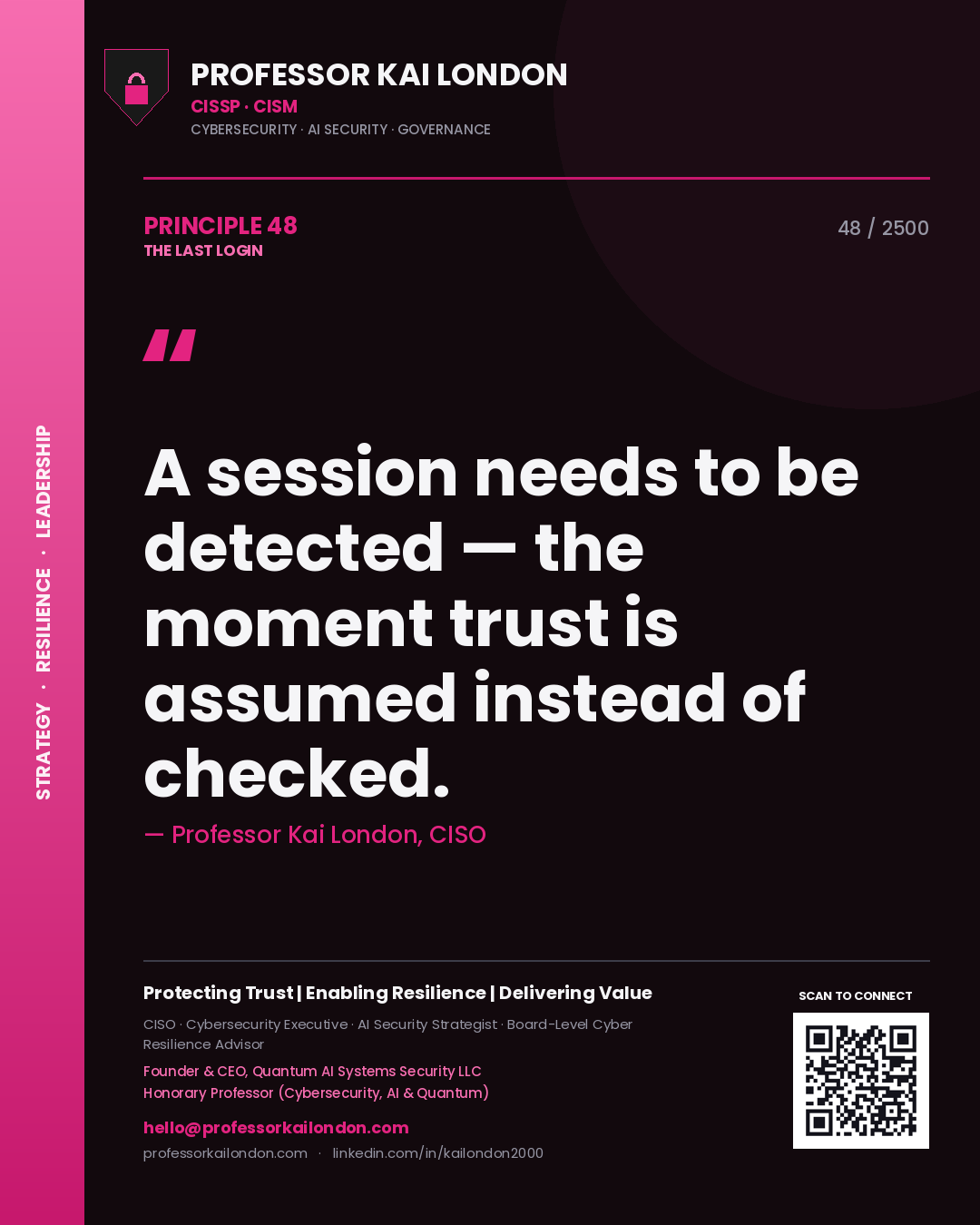 Quote card by Professor Kai London reading 'A session needs to be detected — the moment trust is assumed instead of checked.'. From the book The Last Login.
