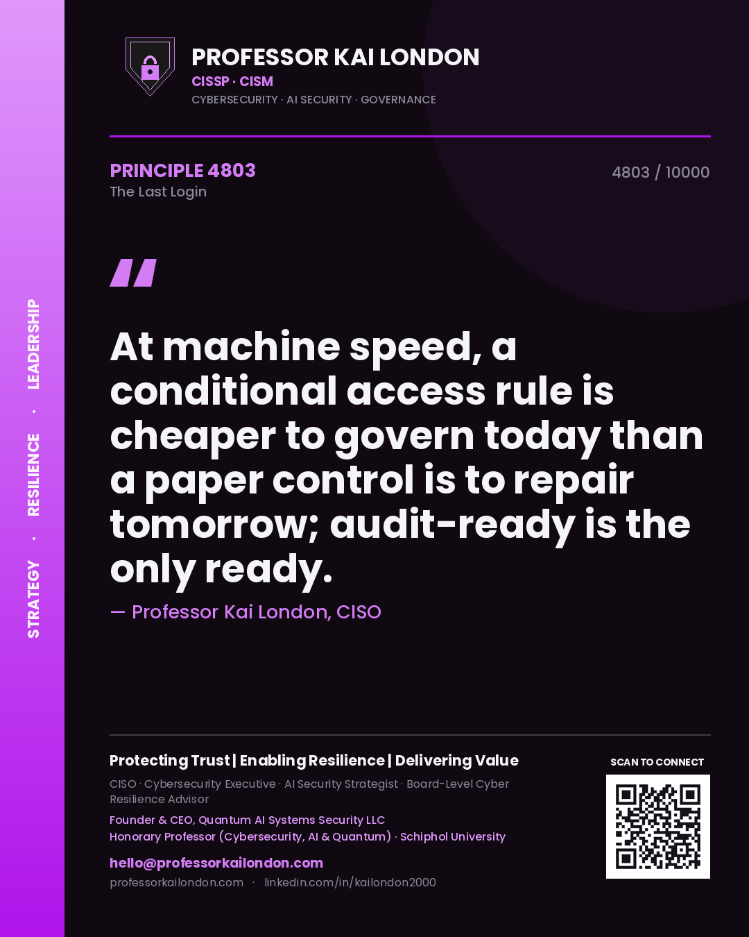 Quote card by Professor Kai London reading 'At machine speed, a conditional access rule is cheaper to govern today than a paper control is to repair tomorrow; audit-ready is the only ready.'. From the book The Last Login.
