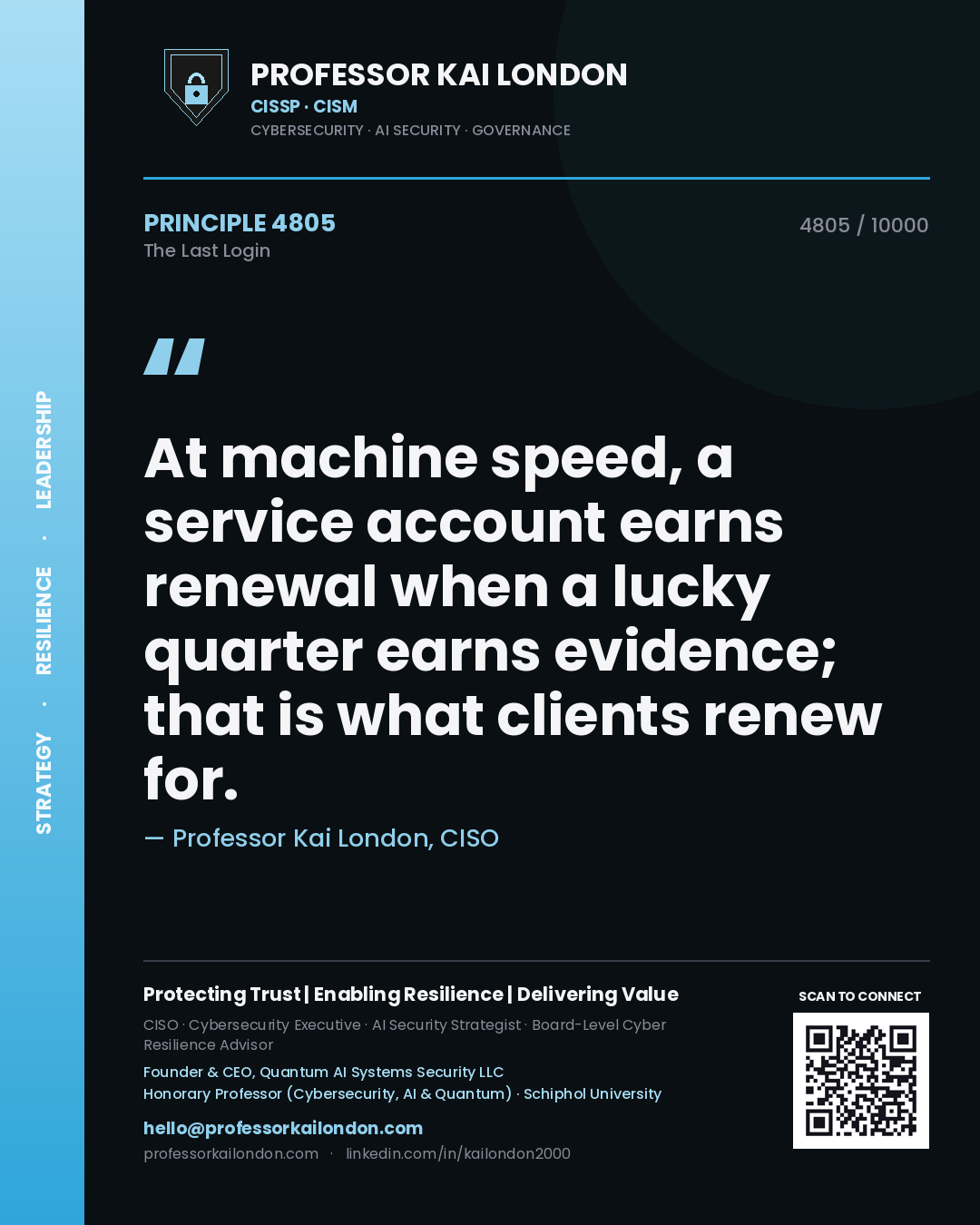 Quote card by Professor Kai London reading 'At machine speed, a service account earns renewal when a lucky quarter earns evidence; that is what clients renew for.'. From the book The Last Login.