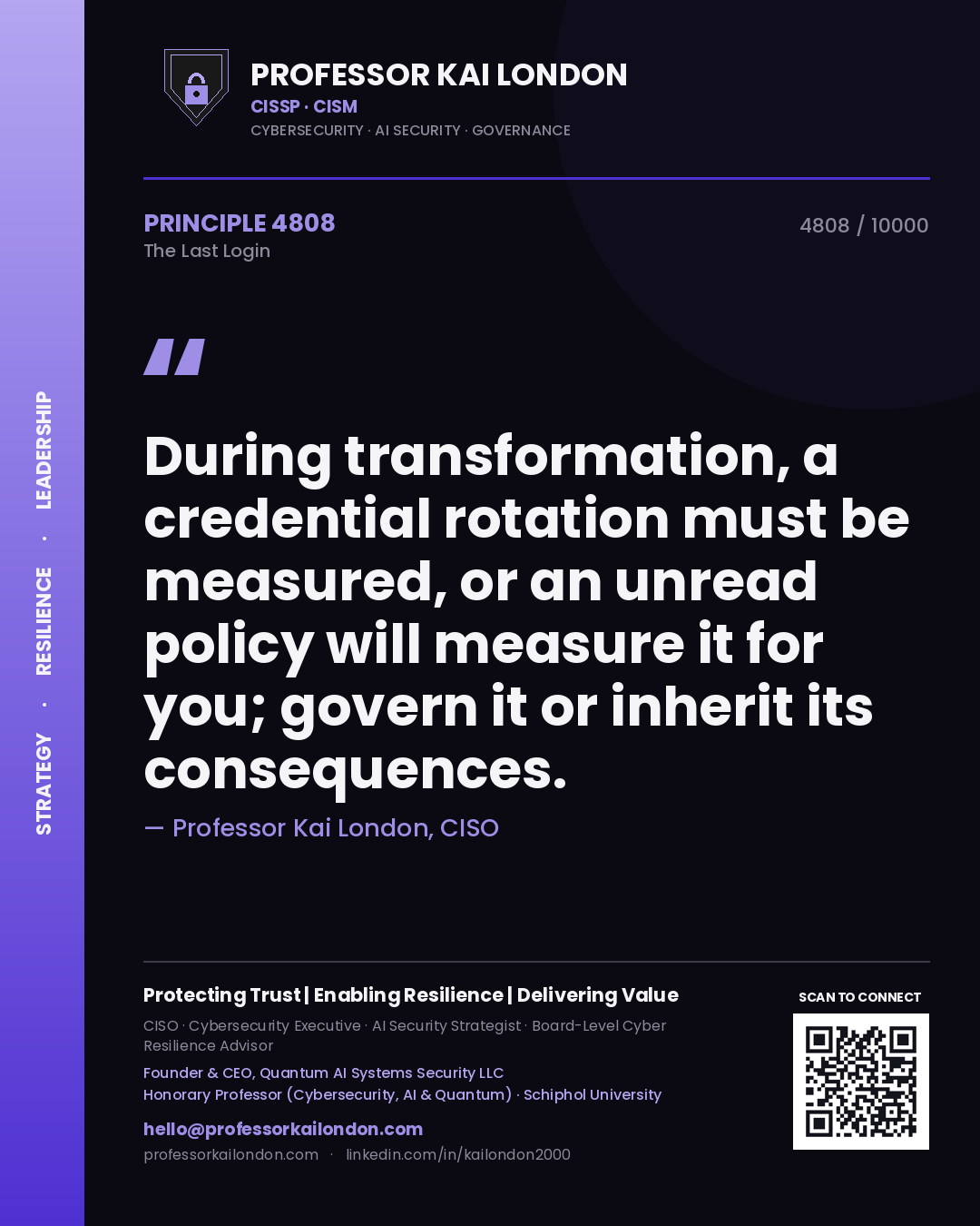 Quote card by Professor Kai London reading 'During transformation, a credential rotation must be measured, or an unread policy will measure it for you; govern it or inherit its consequences.'. From the book The Last Login.