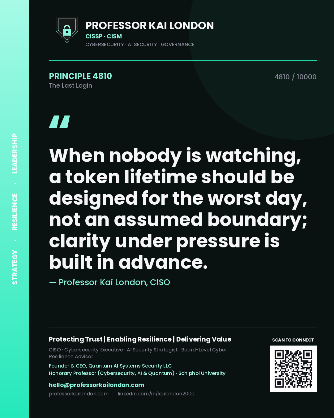 Quote card by Professor Kai London reading 'When nobody is watching, a token lifetime should be designed for the worst day, not an assumed boundary; clarity under pressure is built in advance.'. From the book The Last Login.