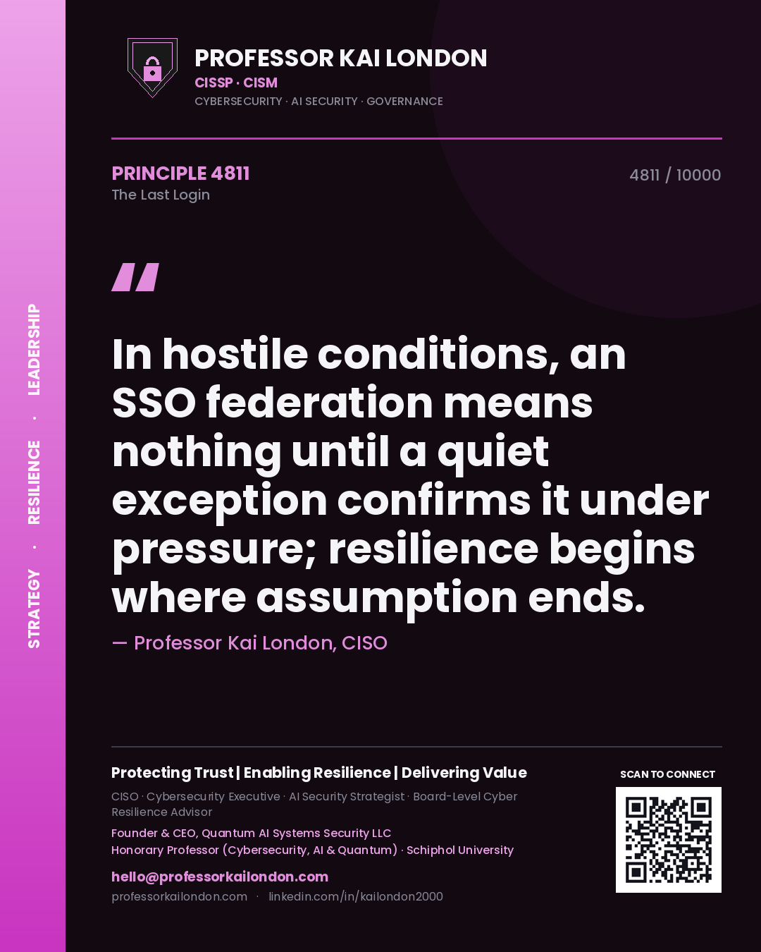 Quote card by Professor Kai London reading 'In hostile conditions, an SSO federation means nothing until a quiet exception confirms it under pressure; resilience begins where assumption ends.'. From the book The Last Login.