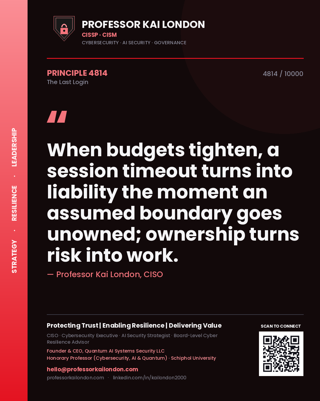 Quote card by Professor Kai London reading 'When budgets tighten, a session timeout turns into liability the moment an assumed boundary goes unowned; ownership turns risk into work.'. From the book The Last Login.