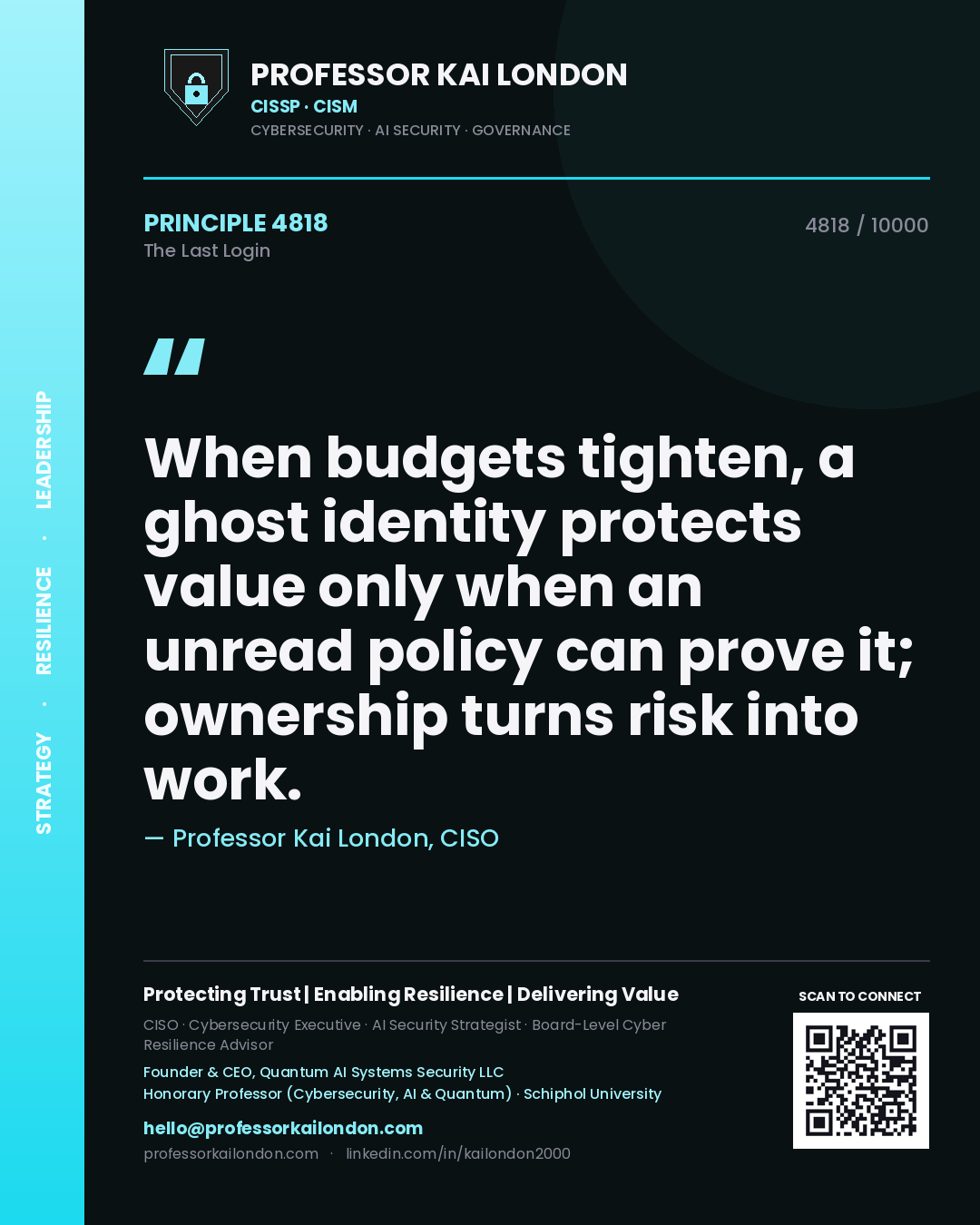 Quote card by Professor Kai London reading 'When budgets tighten, a ghost identity protects value only when an unread policy can prove it; ownership turns risk into work.'. From the book The Last Login.