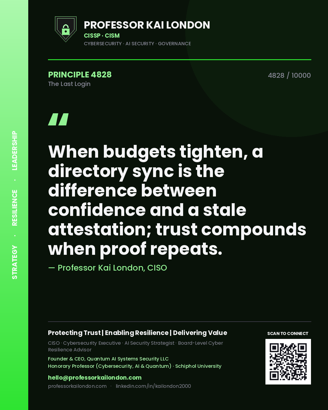 Quote card by Professor Kai London reading 'When budgets tighten, a directory sync is the difference between confidence and a stale attestation; trust compounds when proof repeats.'. From the book The Last Login.