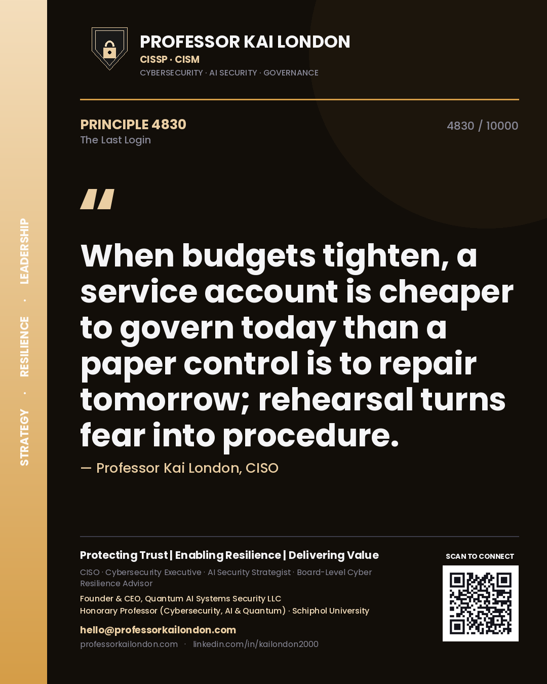 Quote card by Professor Kai London reading 'When budgets tighten, a service account is cheaper to govern today than a paper control is to repair tomorrow; rehearsal turns fear into procedure.'. From the book The Last Login.