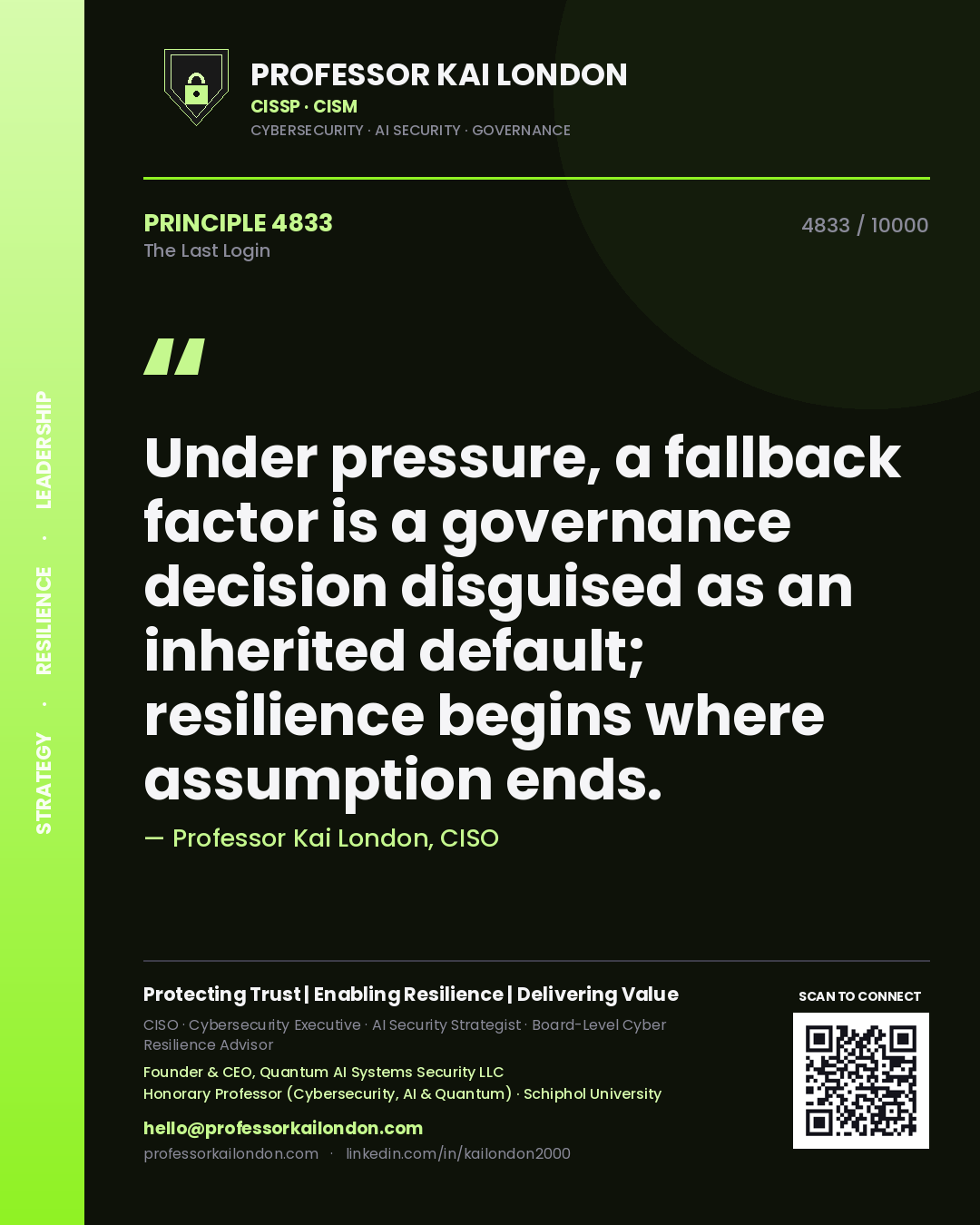 Quote card by Professor Kai London reading 'Under pressure, a fallback factor is a governance decision disguised as an inherited default; resilience begins where assumption ends.'. From the book The Last Login.