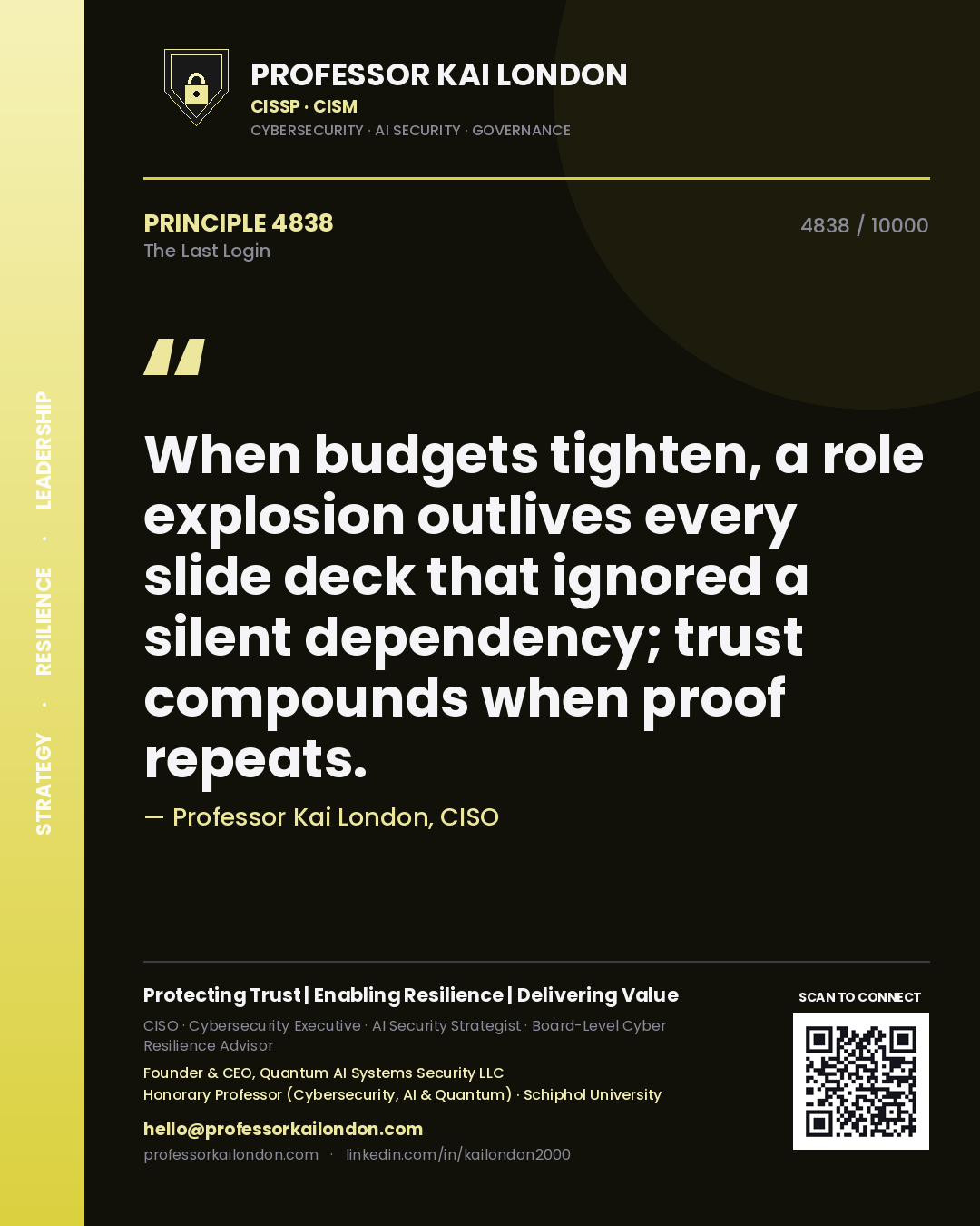 Quote card by Professor Kai London reading 'When budgets tighten, a role explosion outlives every slide deck that ignored a silent dependency; trust compounds when proof repeats.'. From the book The Last Login.