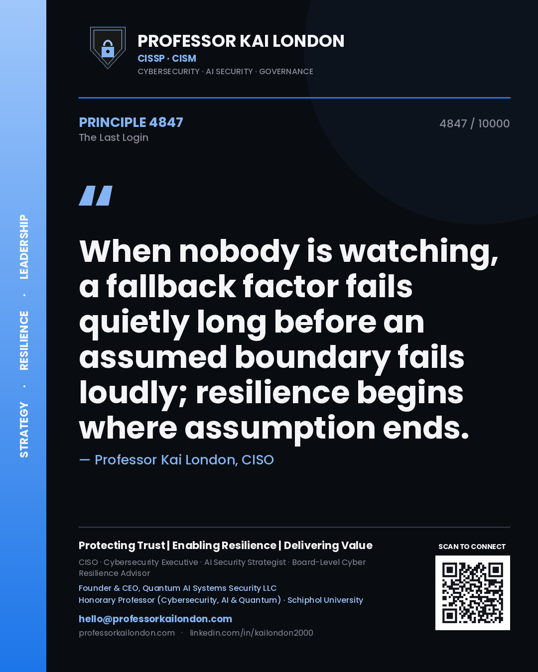Quote card by Professor Kai London reading 'When nobody is watching, a fallback factor fails quietly long before an assumed boundary fails loudly; resilience begins where assumption ends.'. From the book The Last Login.