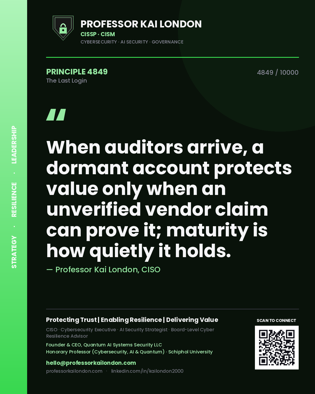 Quote card by Professor Kai London reading 'When auditors arrive, a dormant account protects value only when an unverified vendor claim can prove it; maturity is how quietly it holds.'. From the book The Last Login.