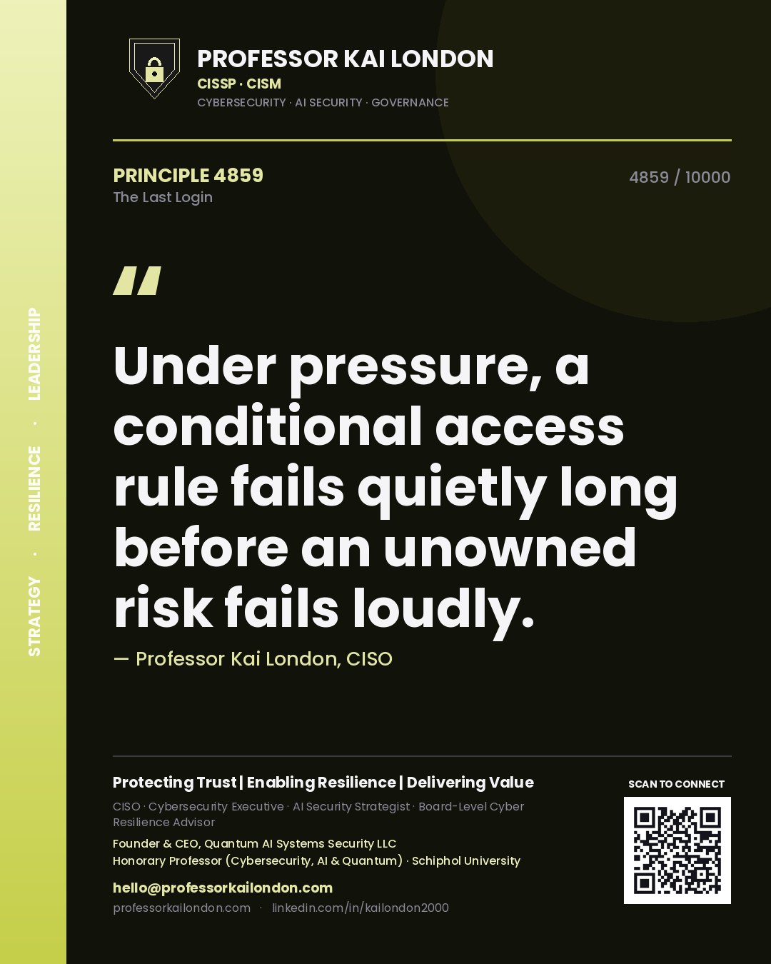 Quote card by Professor Kai London reading 'Under pressure, a conditional access rule fails quietly long before an unowned risk fails loudly.'. From the book The Last Login.