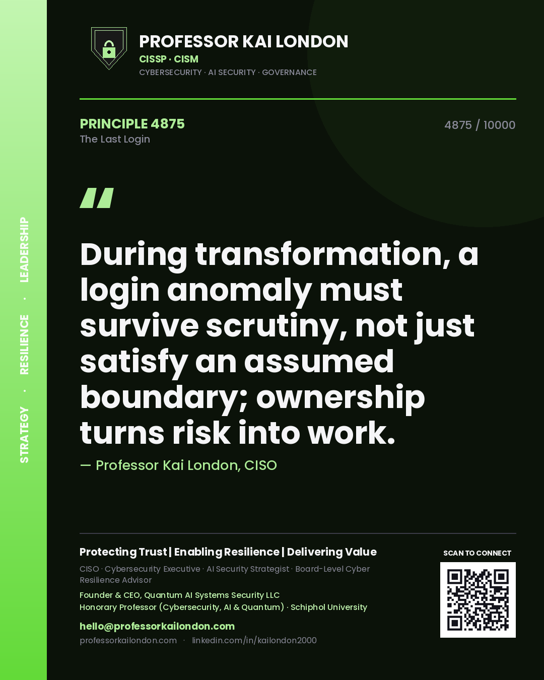 Quote card by Professor Kai London reading 'During transformation, a login anomaly must survive scrutiny, not just satisfy an assumed boundary; ownership turns risk into work.'. From the book The Last Login.