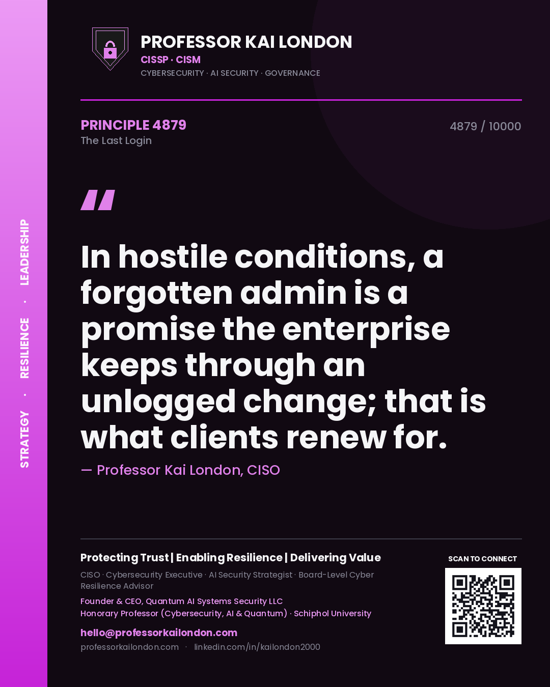 Quote card by Professor Kai London reading 'In hostile conditions, a forgotten admin is a promise the enterprise keeps through an unlogged change; that is what clients renew for.'. From the book The Last Login.